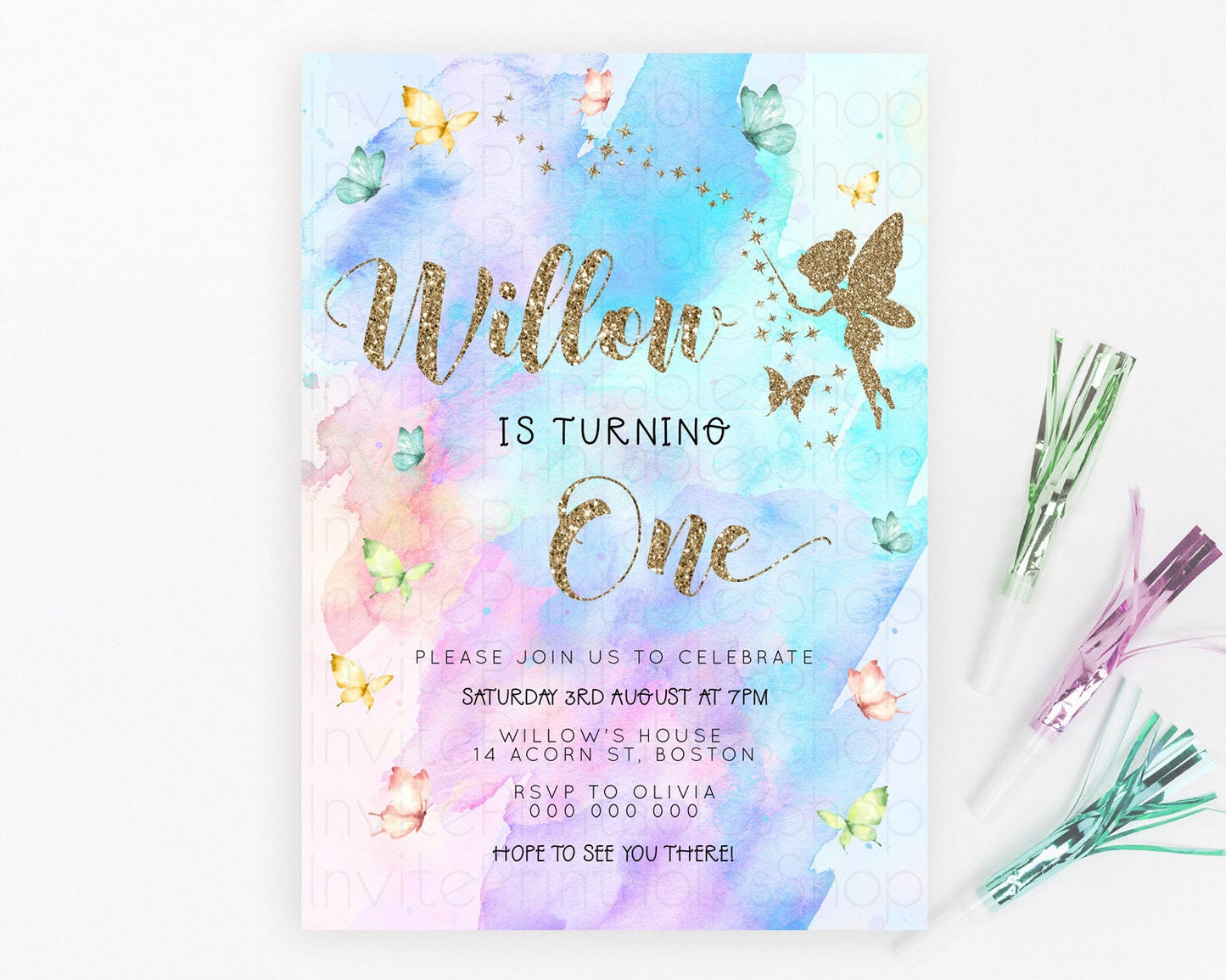 Pastel Fairy Birthday Invitation Pastel Butterflies Fairy Birthday Invitation Rainbow Ombre Watercolor 1st 2nd Birthday Invitation D23340