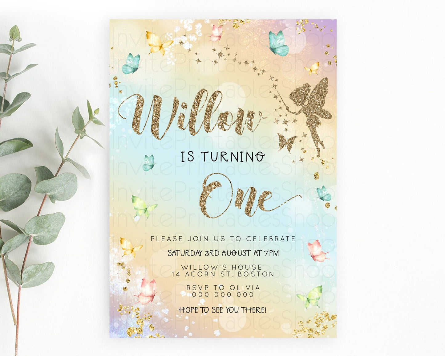 Pastel Fairy Birthday Invitation Pastel Butterflies Fairy Birthday Invitation Rainbow Ombre Watercolor 1st 2nd Birthday Invitation D23159