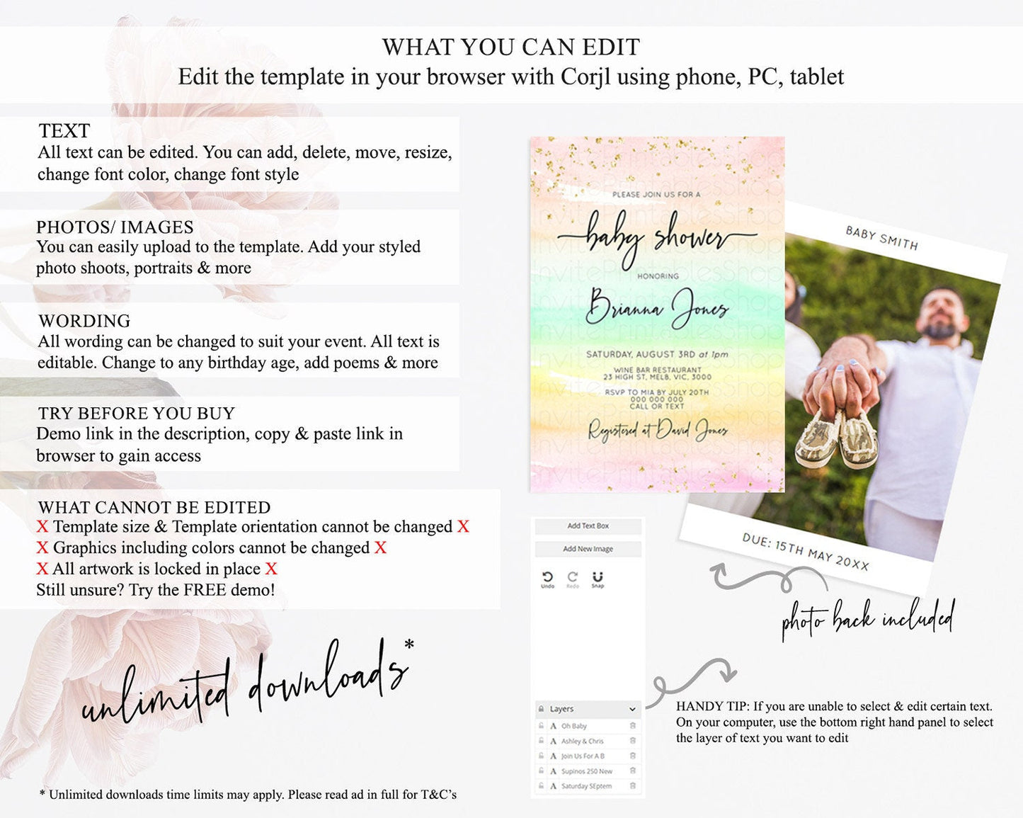 Pastel Baby Shower Invitation Rainbow Baby Shower Invitation Colorful Pastel Watercolor Invitation Gold Glitter Sprinkles Ombre D10591