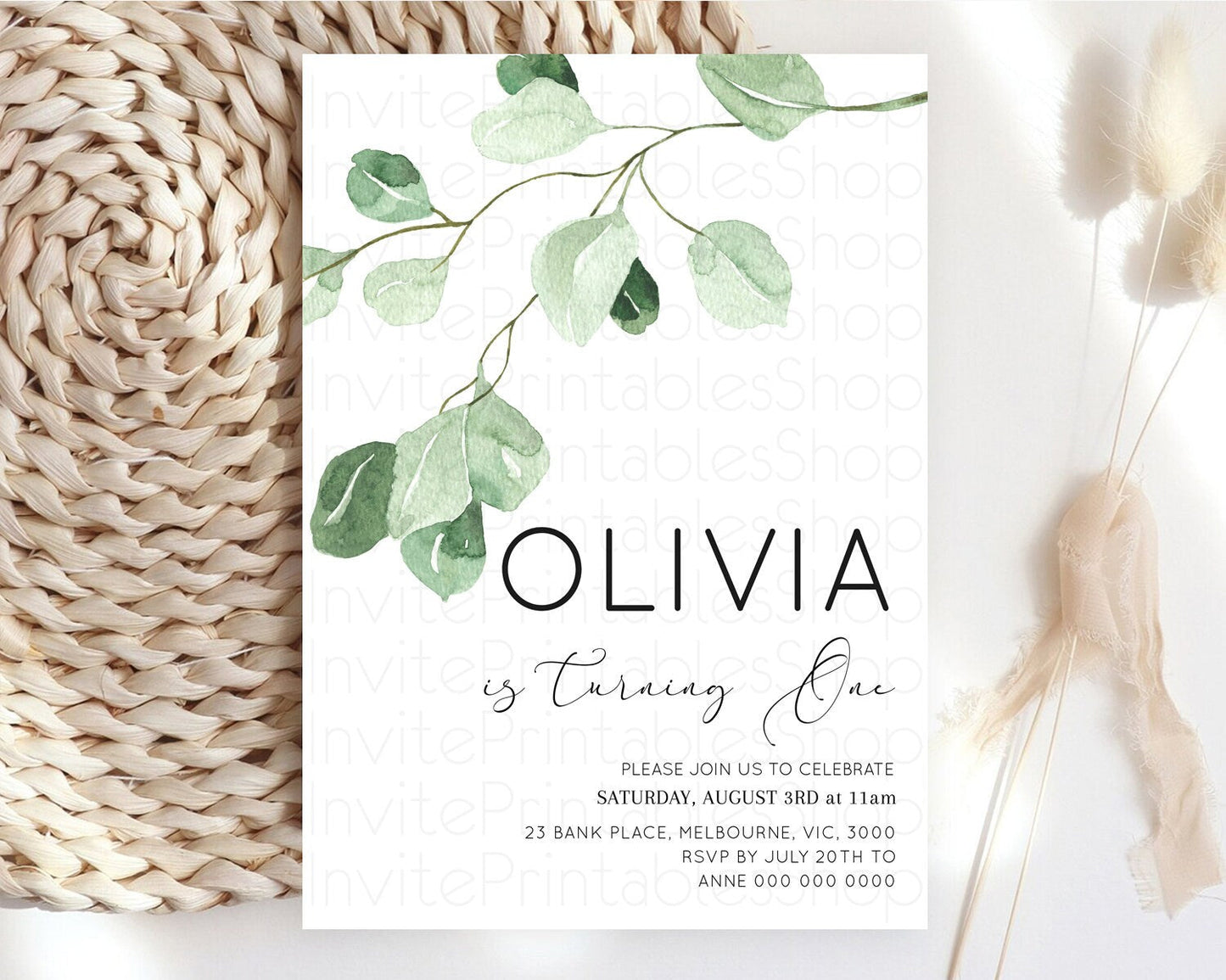 Leafy Birthday Invitation Leafy Invitation Simple Greenery Invitation Eucalyptus Fern Spray Leaves Minimal Green Leaf Watercolour D11054