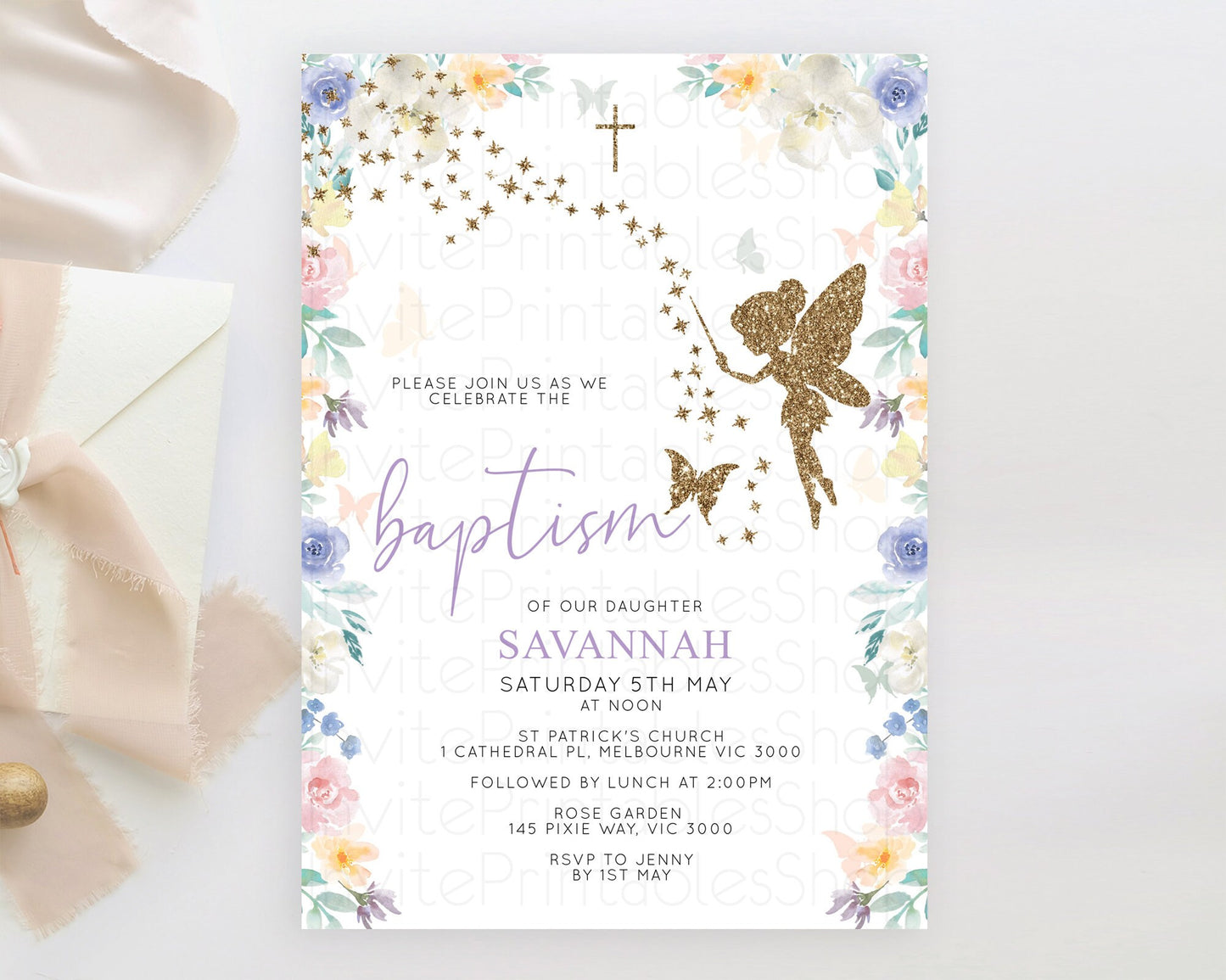 Fairy Baptism Invitation Fairy Baptism 1st Birthday Invitation Enchanted Secret Garden Christening Invite Pastel Floral Butterfly D10761