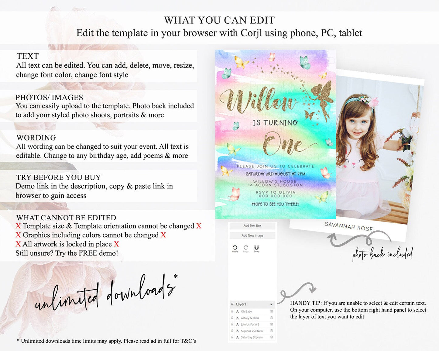 Pastel Fairy Birthday Invitation Pastel Butterflies Fairy Birthday Invitation Rainbow Ombre Watercolor 1st 2nd Birthday Invitation D23308