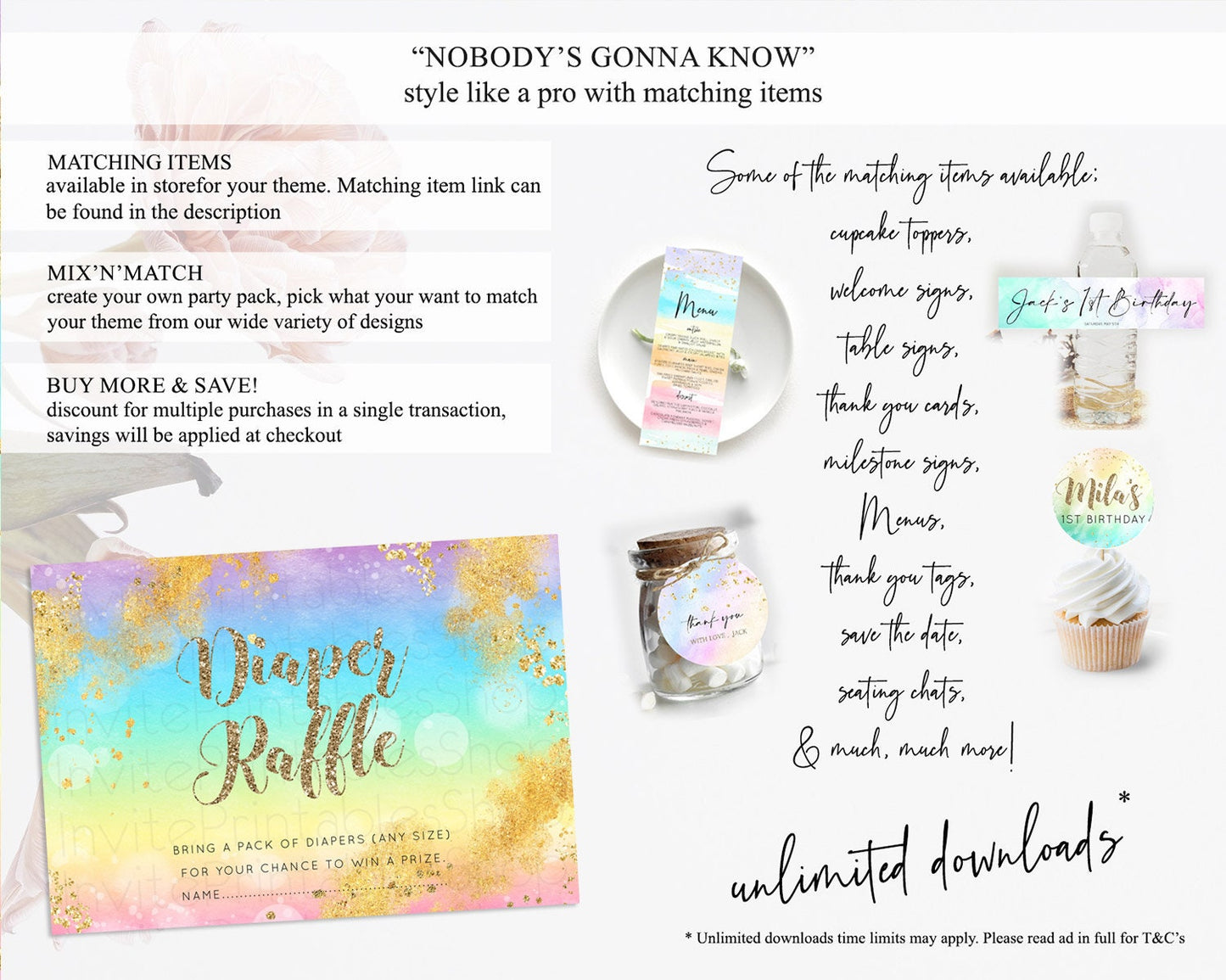 Pastel Diaper Raffle Card Pastel Rainbow Diaper Raffle Insert Colorful Ombre Watercolor Diaper Ticket Confetti Glitter Raffle Game D10561