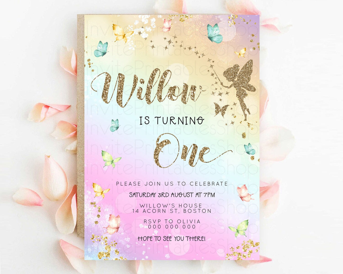 Pastel Fairy Birthday Invitation Pastel Butterflies Fairy Birthday Invitation Rainbow Ombre Watercolor 1st 2nd Birthday Invitation D23155