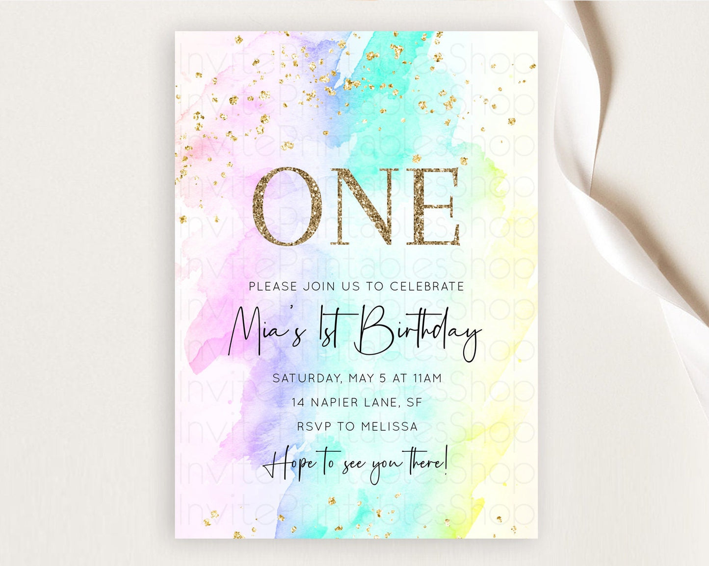 Rainbow Birthday Invitation Colorful Pastel Watercolor Invitation Gold Glitter Sprinkles Ombre Pastel 1st 2nd 3rd Birthday D10231