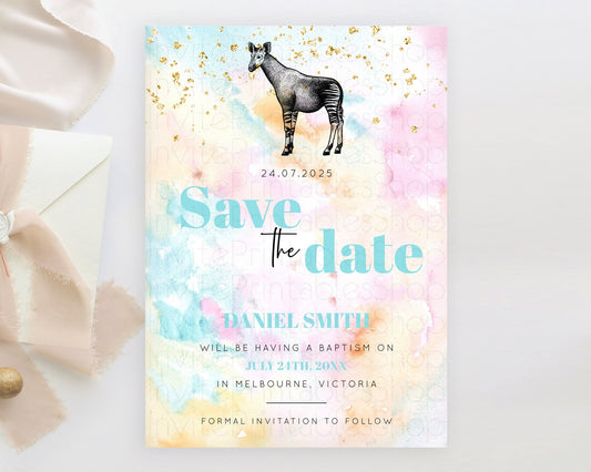 Editable Pastel Okapi Save The Date Template Rainbow Watercolor Okapi Party