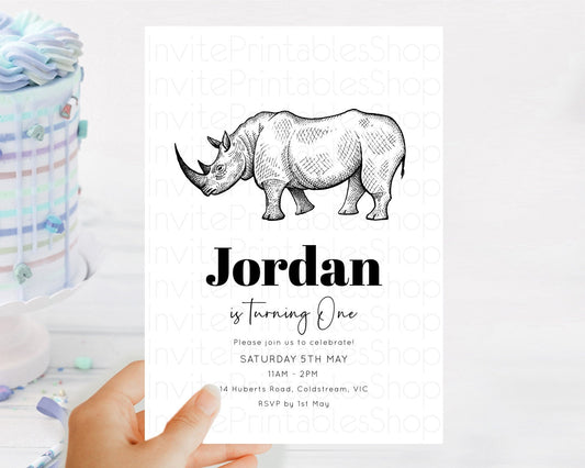 Rhino Birthday Invitation Rhino Invitation Rhino Birthday Rhino Safari Adventure Invite Rhino Palm Leaf Invite Zoo Party D10253