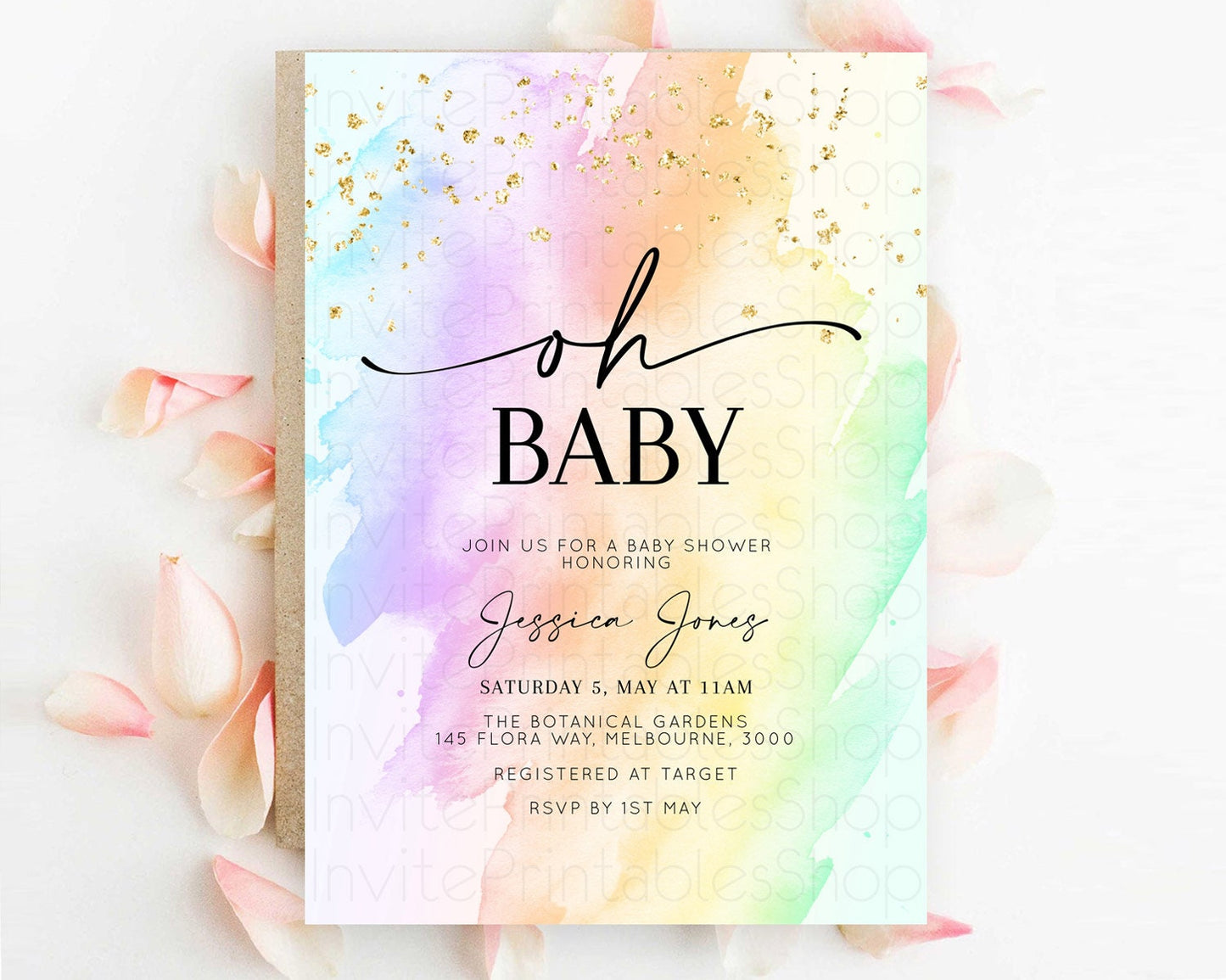 Pastel Baby Shower Invitation Rainbow Baby Shower Invitation Colorful Pastel Watercolor Invitation Gold Glitter Sprinkles Ombre D10645