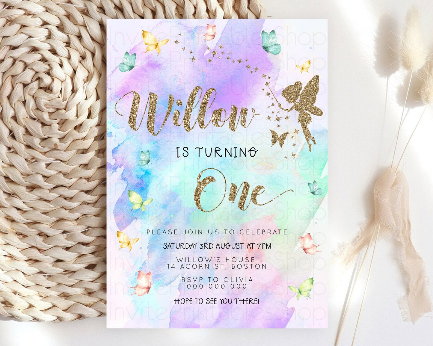 Pastel Fairy Birthday Invitation Pastel Butterflies Fairy Birthday Invitation Rainbow Ombre Watercolor 1st 2nd Birthday Invitation D23338