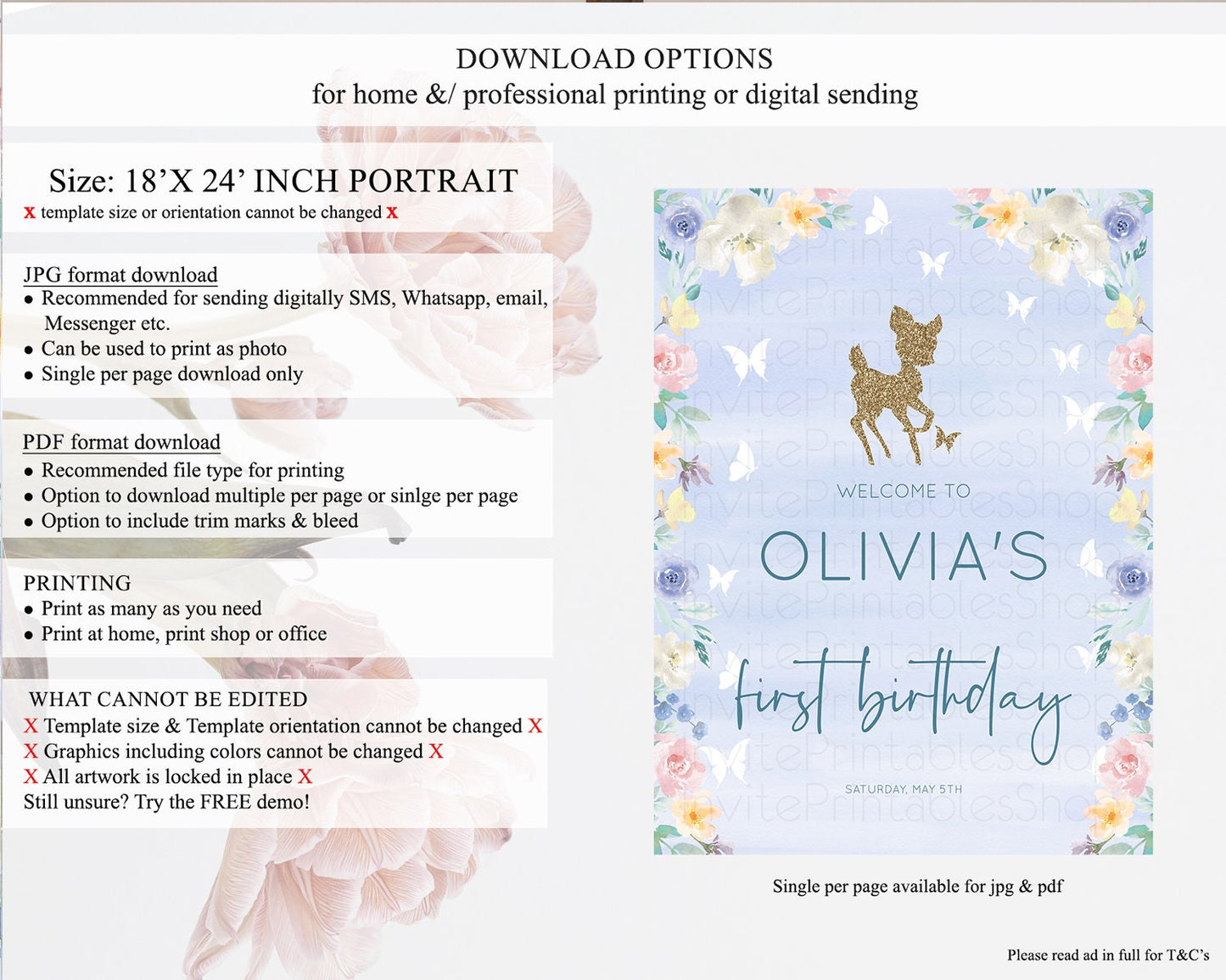 Fawn Welcome Sign Deer Welcome Board Floral Deer Welcome Poster Enchanted Forest Butterfly Pastel Floral First Birthday Welcome Sign D10879