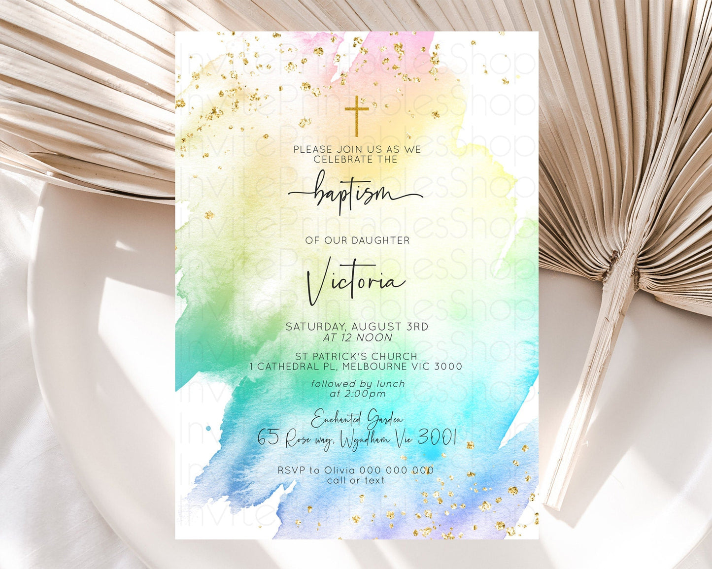 Pastel Baptism Invitation Pastel Colors Watercolor Baptism 1st Birthday Party Gold Ombre Pastel Rainbow Christening Holy Communion D10256