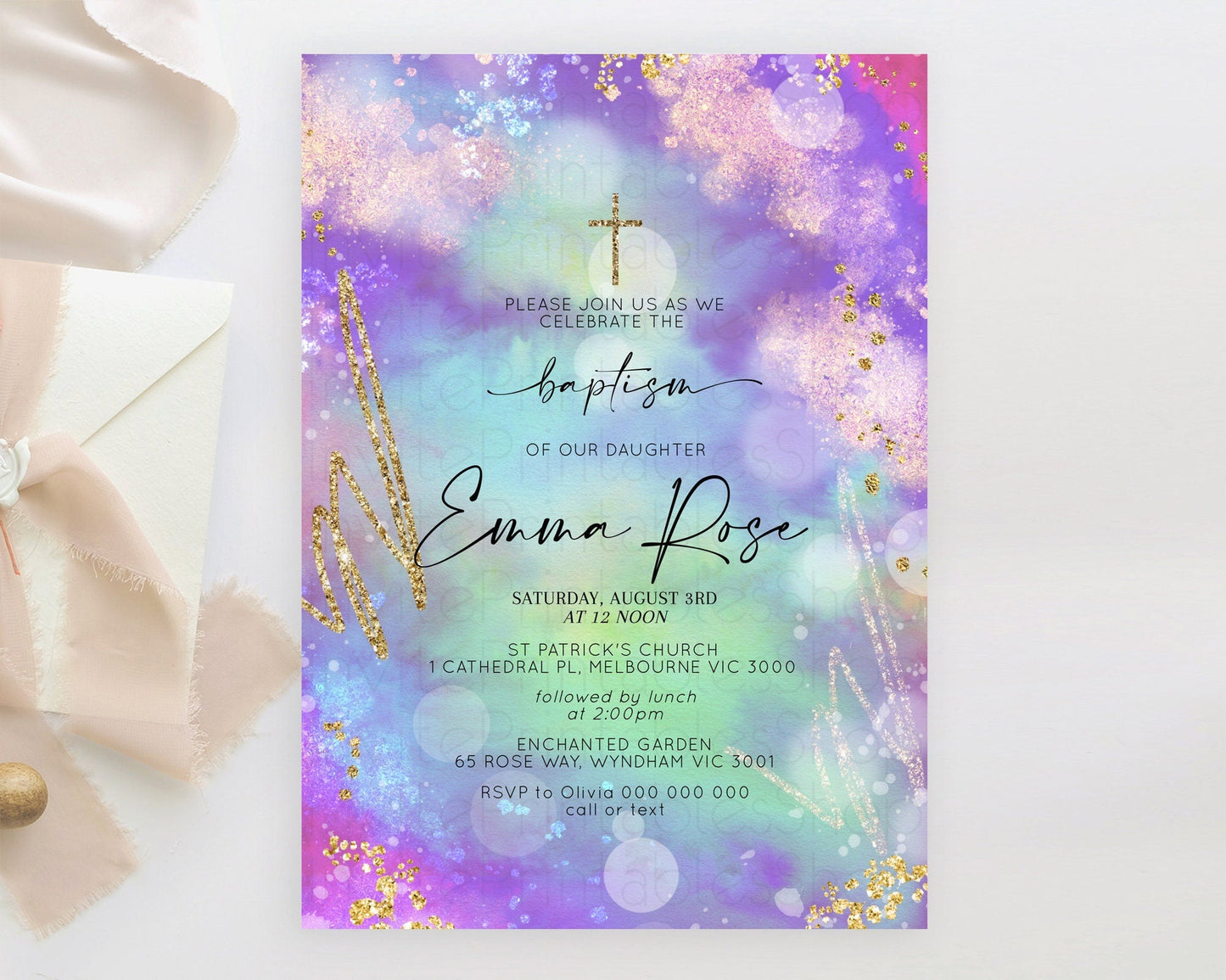 Pastel Baptism Invitation Pastel Colors Watercolor Baptism 1st Birthday Party Gold Ombre Pastel Rainbow Christening Holy Communion D10680