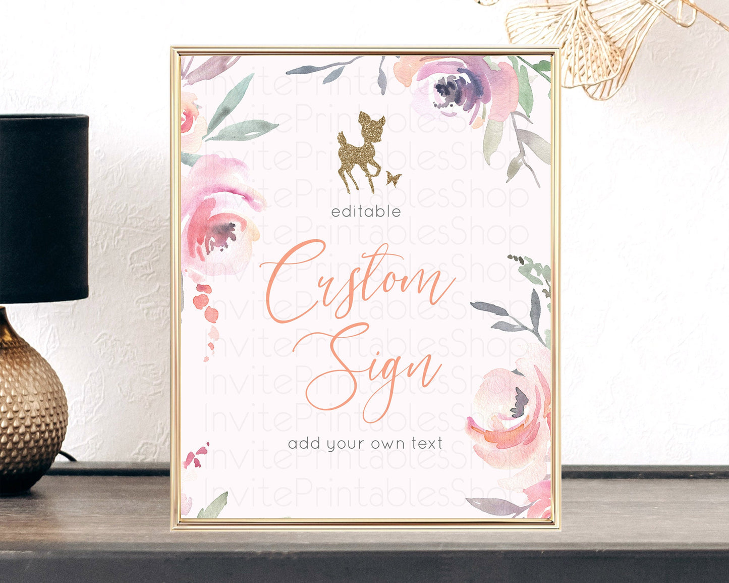 Fawn Deer Sign Pastel Floral Deer Table Sign Decor  Enchanted Forest Butterfly Party 1st Birthday Baptism Baby Shower Bridal Shower D10196