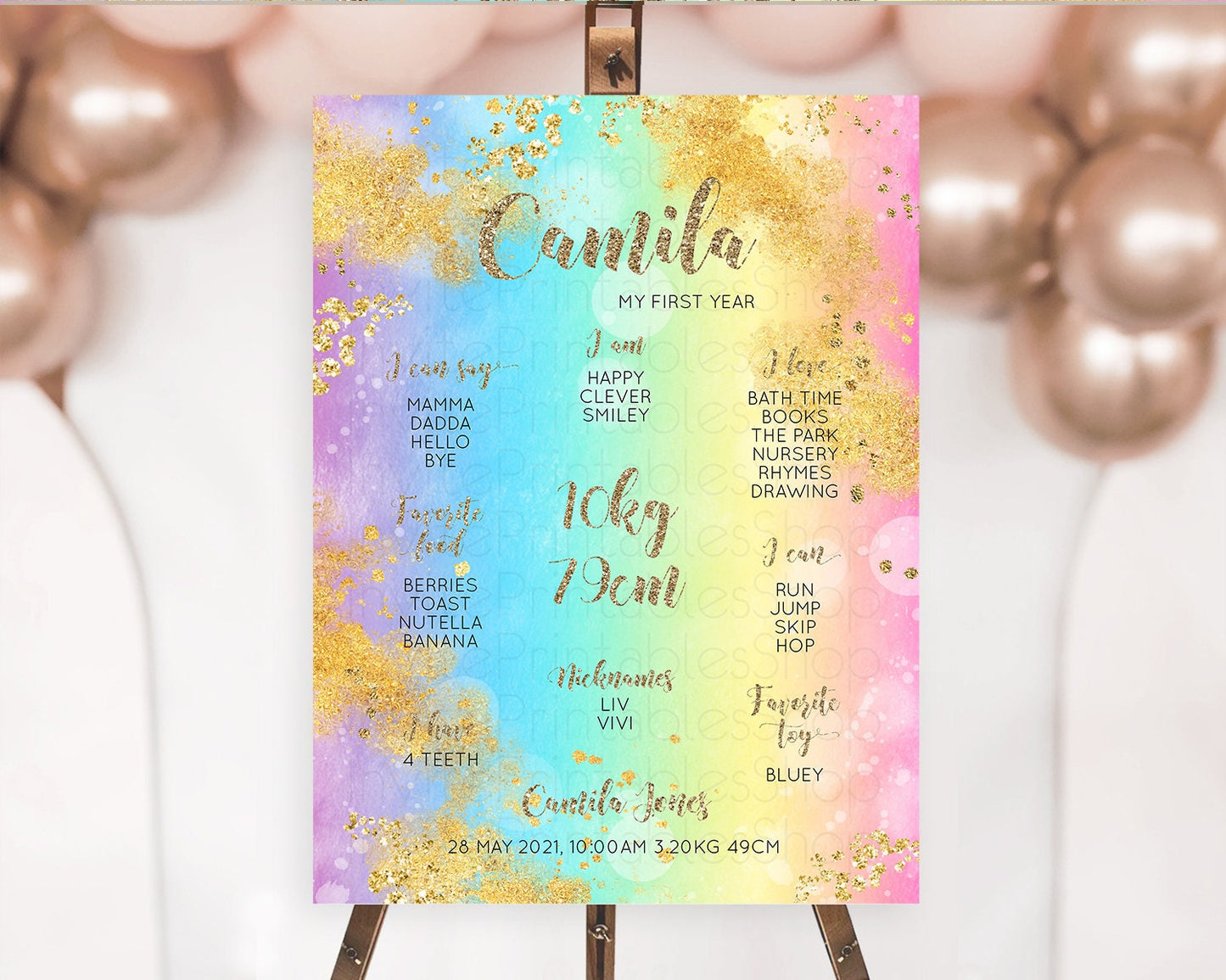 Pastel First Birthday Milestone Board Pastel Rainbow Milestone Poster Colorful Confetti Watercolor Glitter 1st Birthday Welcome Sign D10561