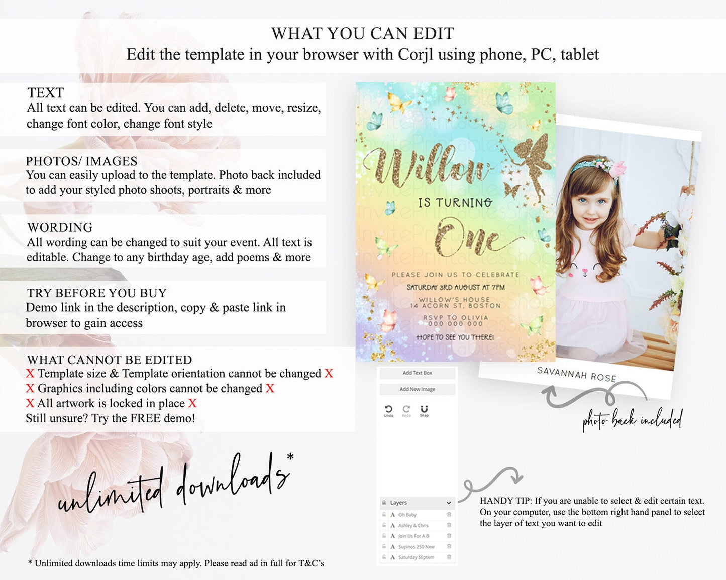 Pastel Fairy Birthday Invitation Pastel Butterflies Fairy Birthday Invitation Rainbow Ombre Watercolor 1st 2nd Birthday Invitation D23154