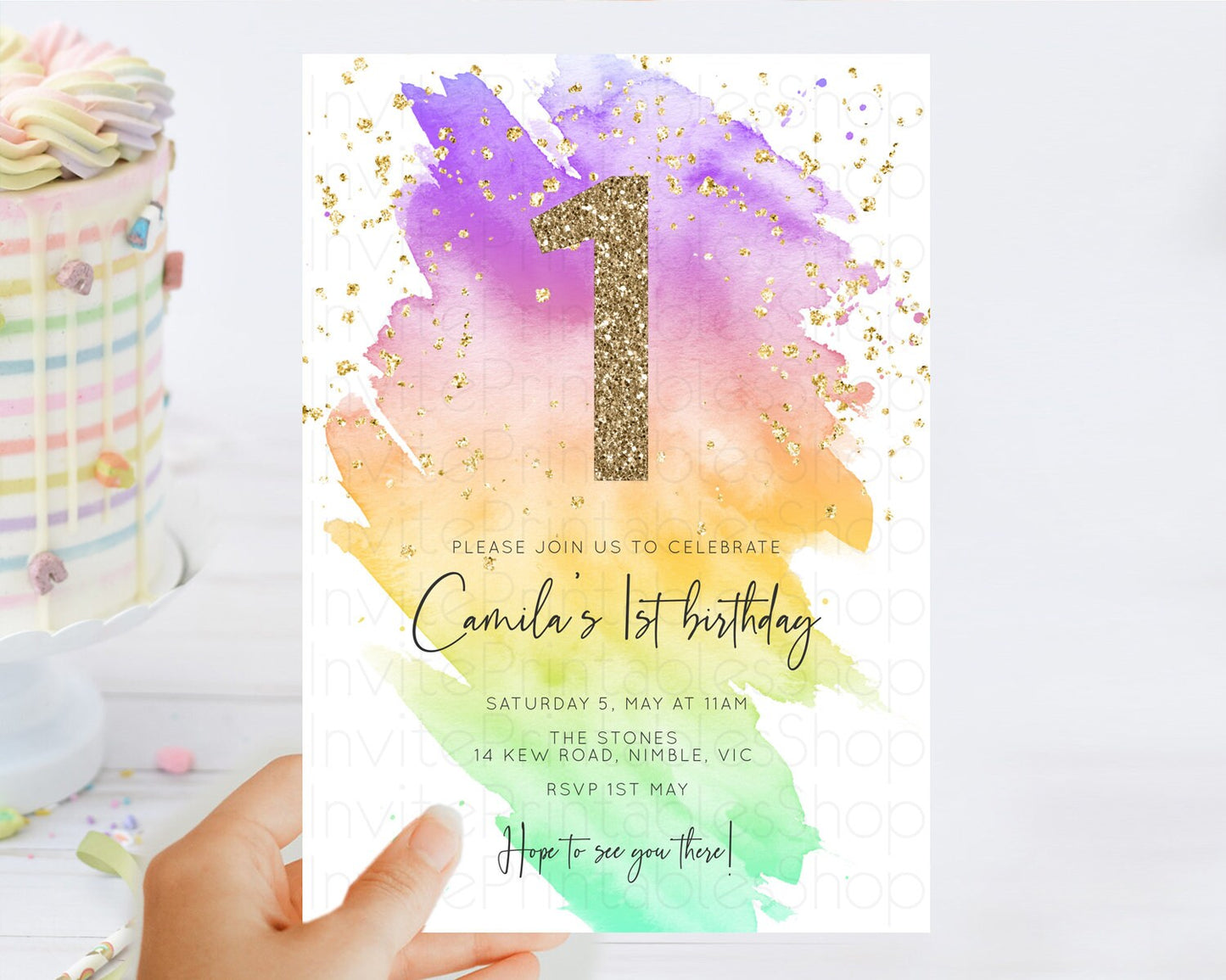 Rainbow Birthday Invitation Colorful Pastel Watercolor Invitation Gold Glitter Sprinkles Ombre Pastel 1st 2nd 3rd Birthday D10518