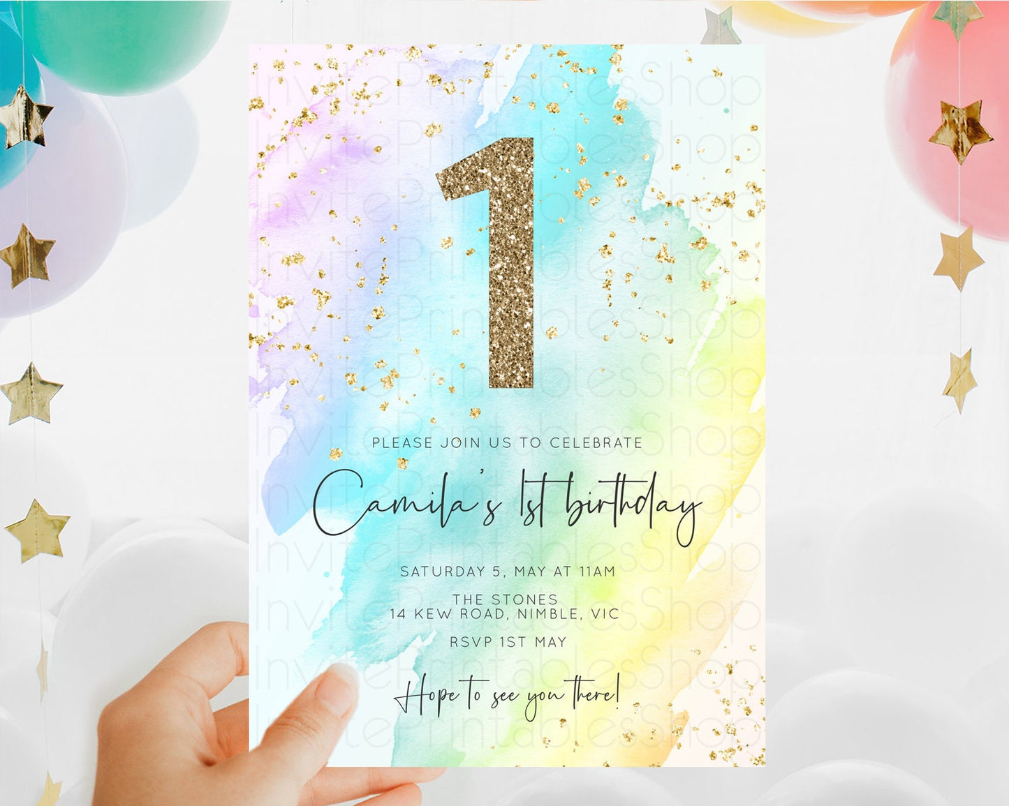 Rainbow Birthday Invitation Colorful Pastel Watercolor Invitation Gold Glitter Sprinkles Ombre Pastel 1st 2nd 3rd Birthday D10171