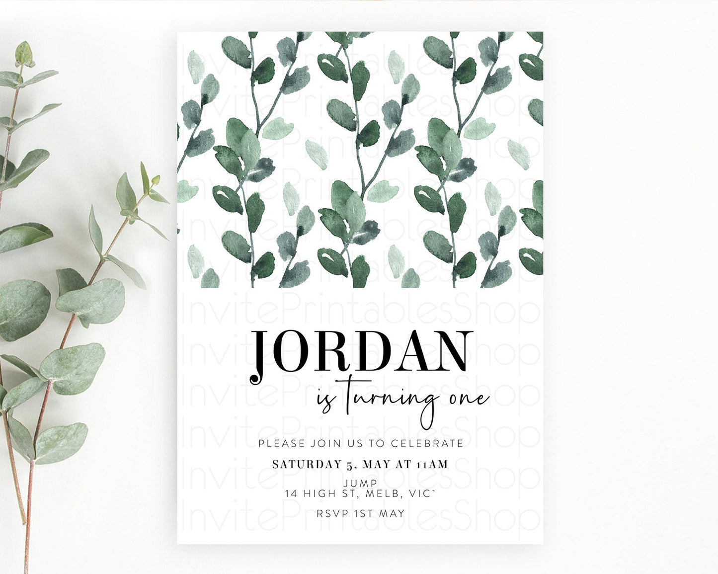 Leafy Birthday Invitation Leafy Invitation Simple Greenery Invitation Eucalyptus Fern Spray Leaves Minimal Green Leaf Watercolour D11059