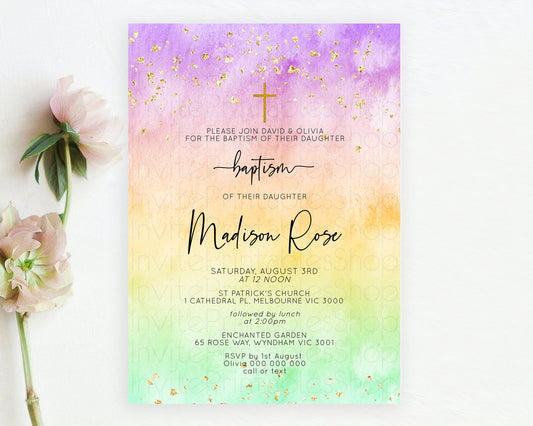 Pastel Baptism Invitation Pastel Colors Watercolor Baptism 1st Birthday Party Gold Ombre Pastel Rainbow Christening Holy Communion D10514