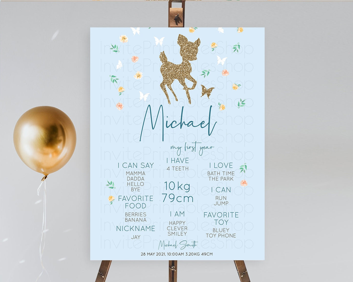 Fawn First Birthday Milestone Board Deer First Birthday Milestone Poster Enchanted Forest Butterfly Pastel Flowers 1st Birthday Sign D10902