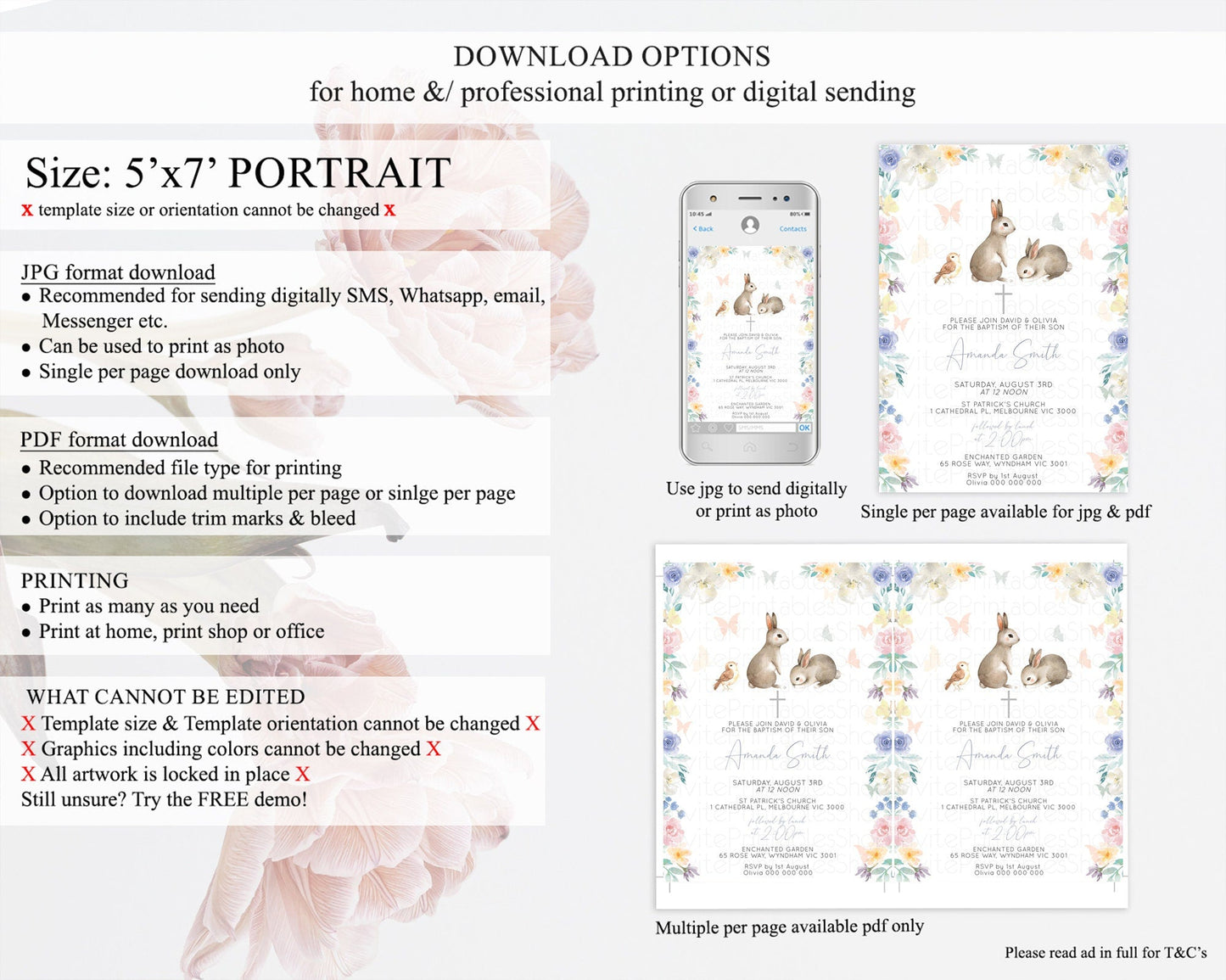 Bunny Baptism Invitation Floral Bunny Baptism 1st Birthday Invitation Pastel Bunny Christening Invite Watercolor Forest Bunny Party D10928
