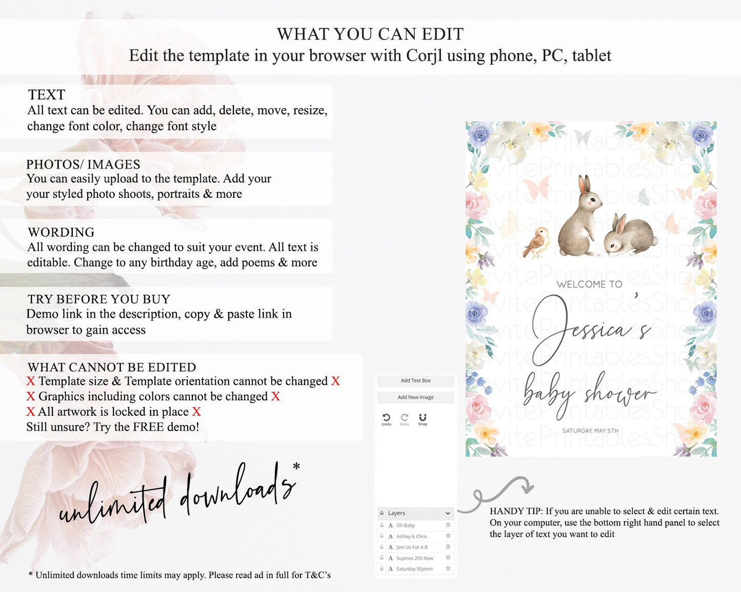 Bunny Baby Shower Welcome Sign Floral Bunny Welcome Board Pastel Flowers Woodland Bunny Welcome Poster Forest Bunny Welcome Sign D10928