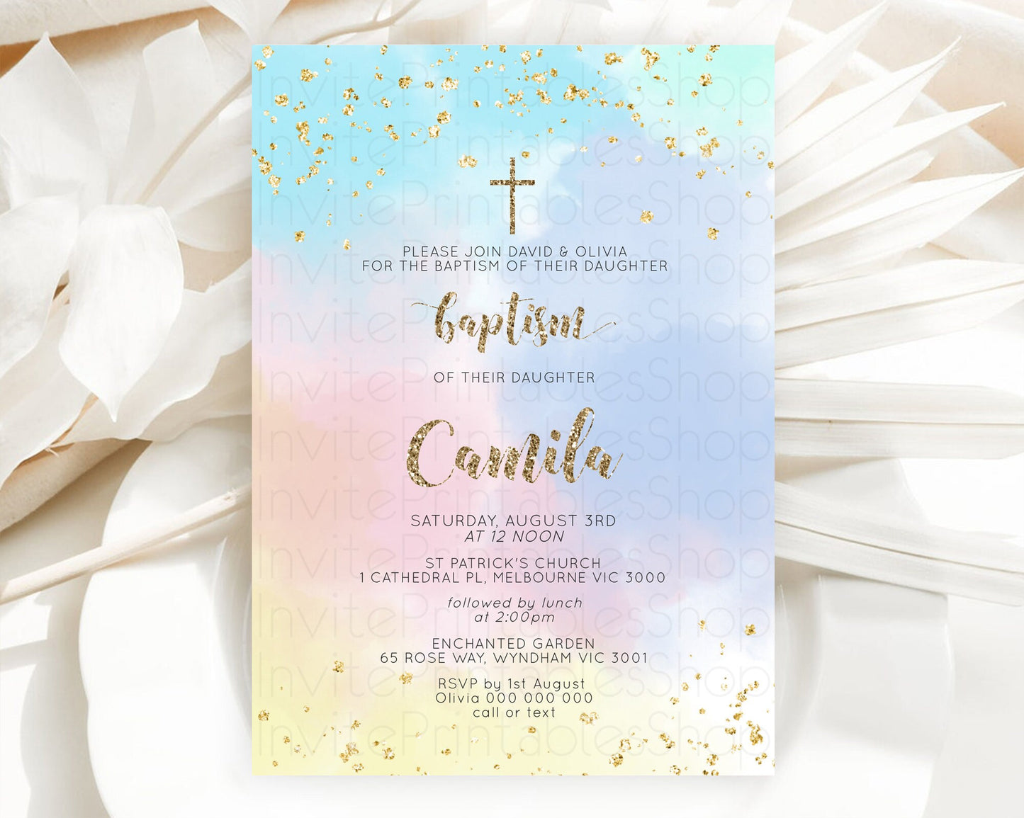 Pastel Baptism Invitation Pastel Colors Watercolor Baptism 1st Birthday Party Gold Ombre Pastel Rainbow Christening Holy Communion D10367