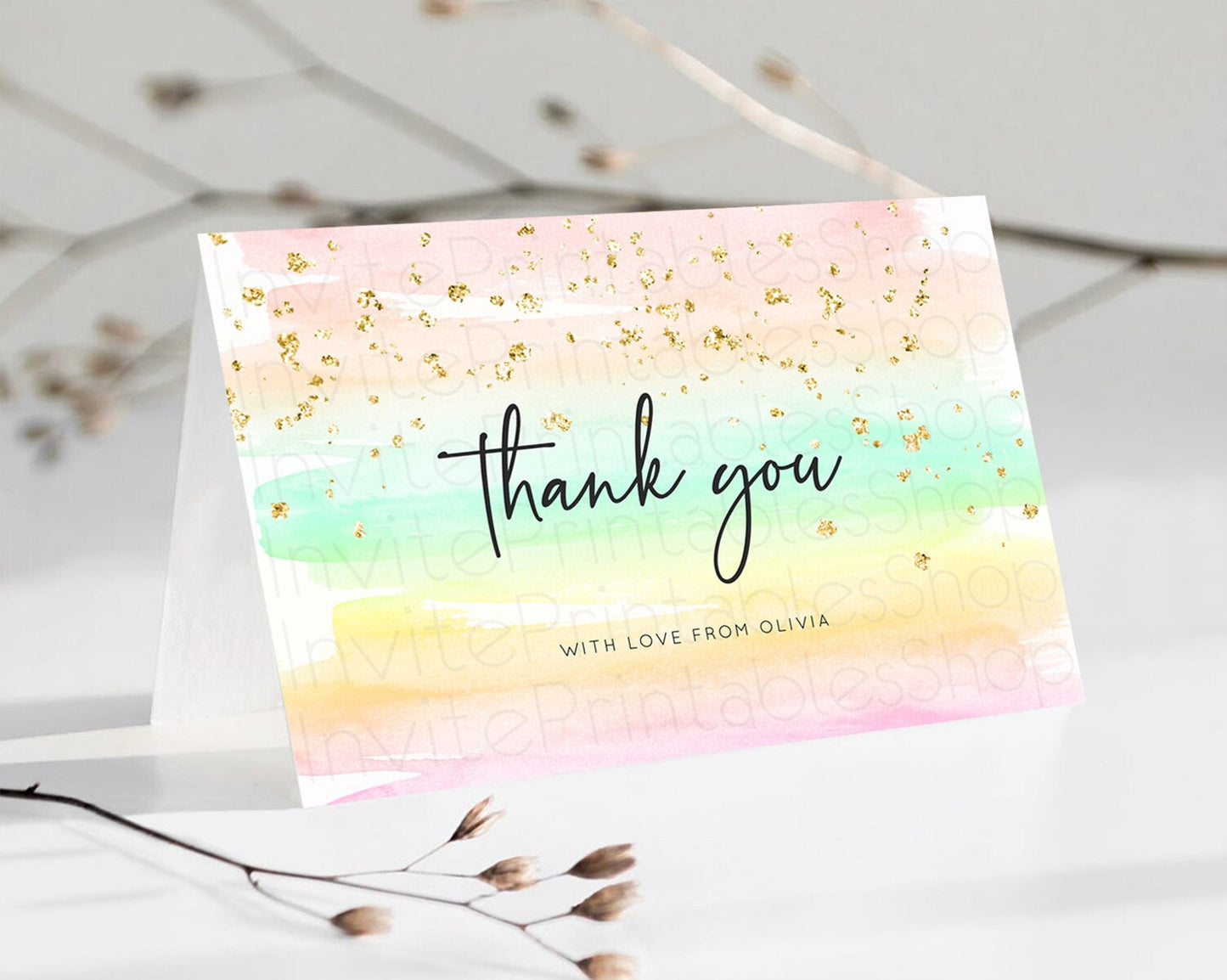 Pastel Thank You Rainbow Thank You Card Colorful Pastel Birthday Thank You Card Confetti Watercolor Pastel Teacher Thank You Cards D10591