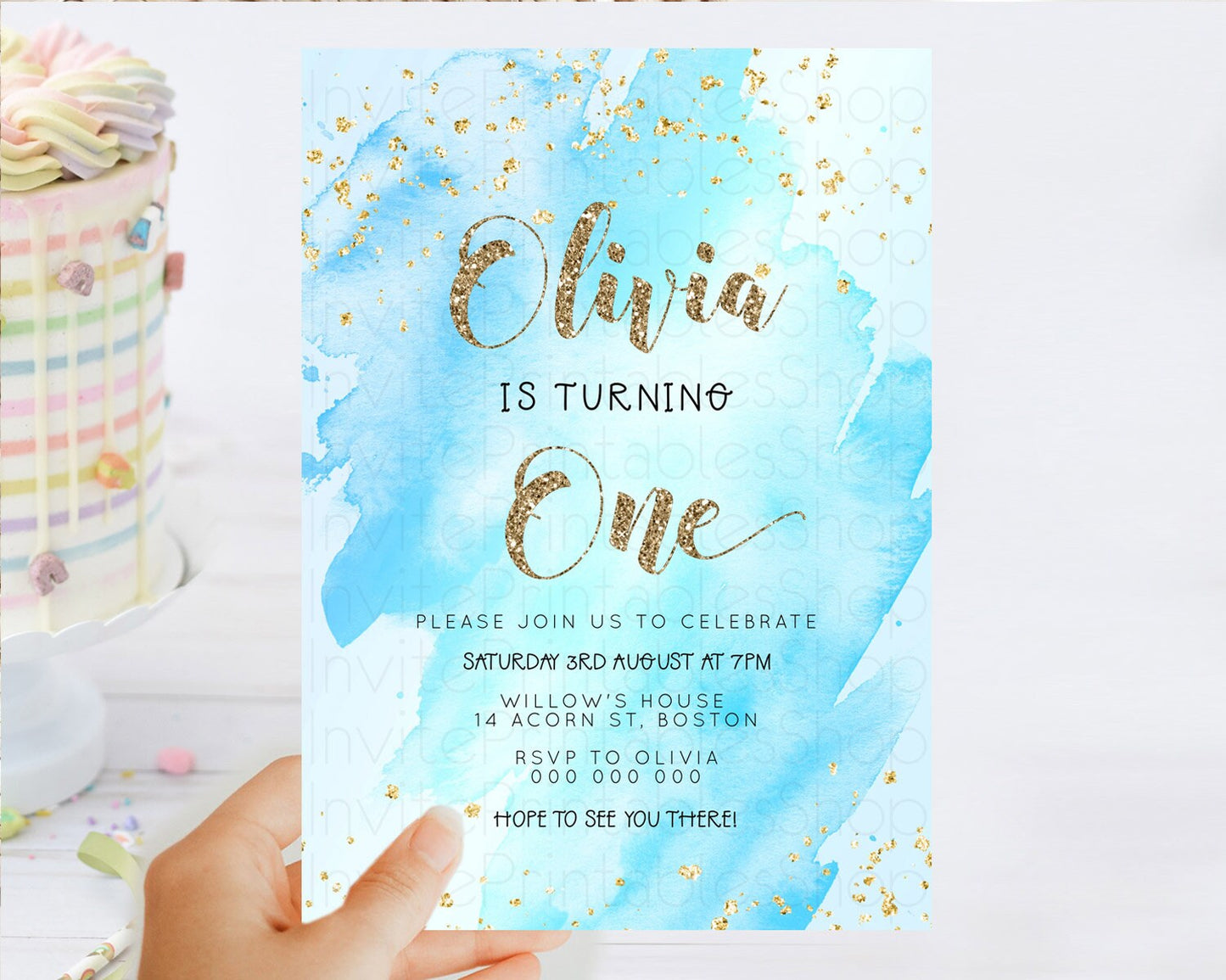 Blue Birthday Invitation Blue Watercolor Invitation Pastel Blue Watercolor Invitation Blue Splash Gold Invitation 1st First Birthday D23307