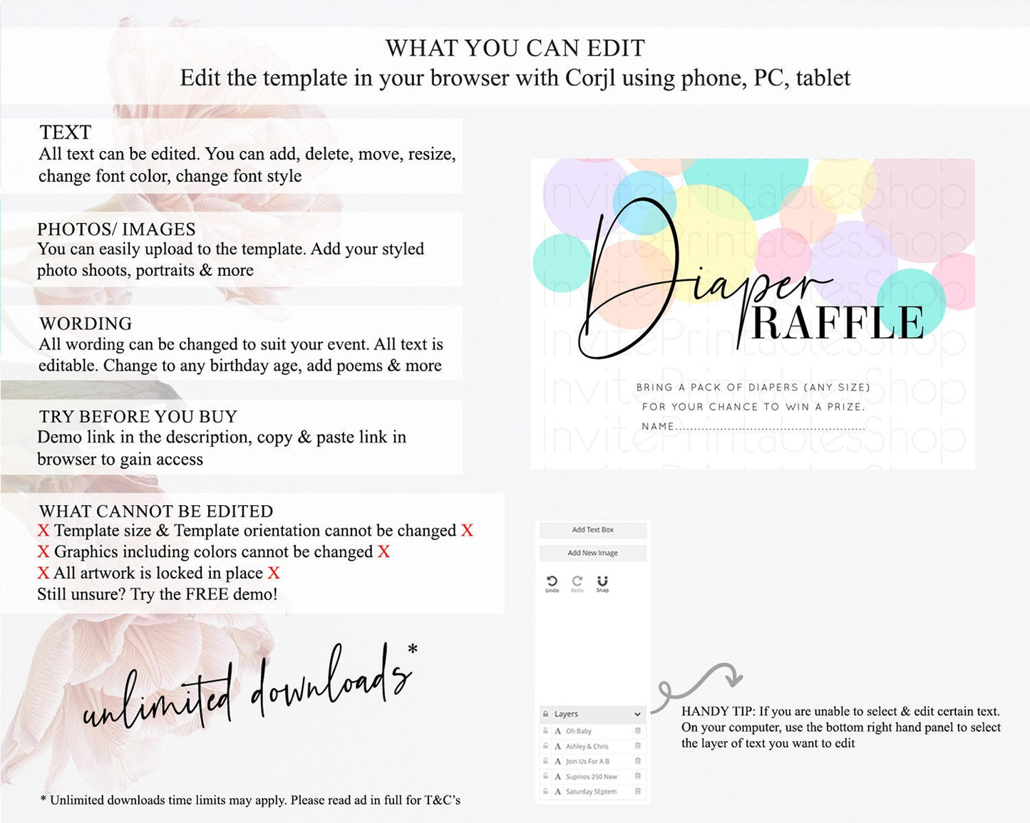 Pastel Diaper Raffle Card Pastel Rainbow Diaper Raffle Insert Colorful Ombre Watercolor Diaper Ticket Confetti Glitter Raffle Game D10784