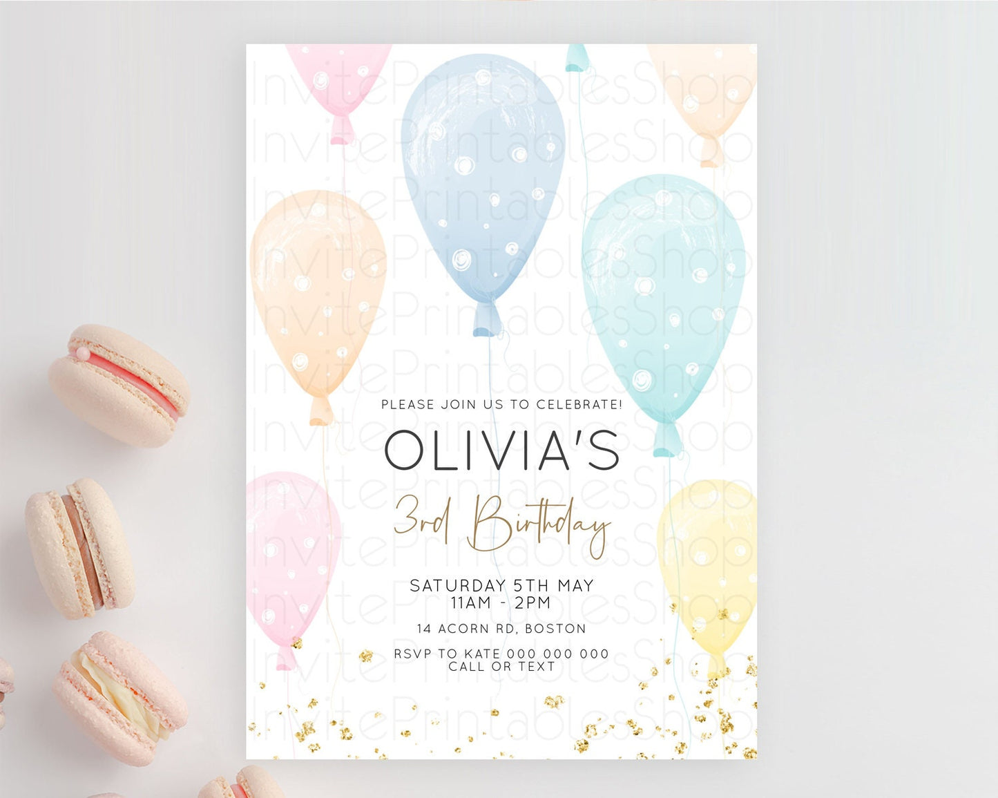 Pastel Balloon Birthday Invitation Rainbow Colorful Glitter Sprinkles Confetti Watercolor Balloons Pink Blue Green Yellow Editable D10776