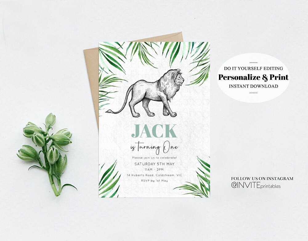 Lion Birthday Invitation Watercolor Lion Invite Tropical Palms Jungle Safari Adventure Zoo Party Wild Party Animal Custom Editable 283