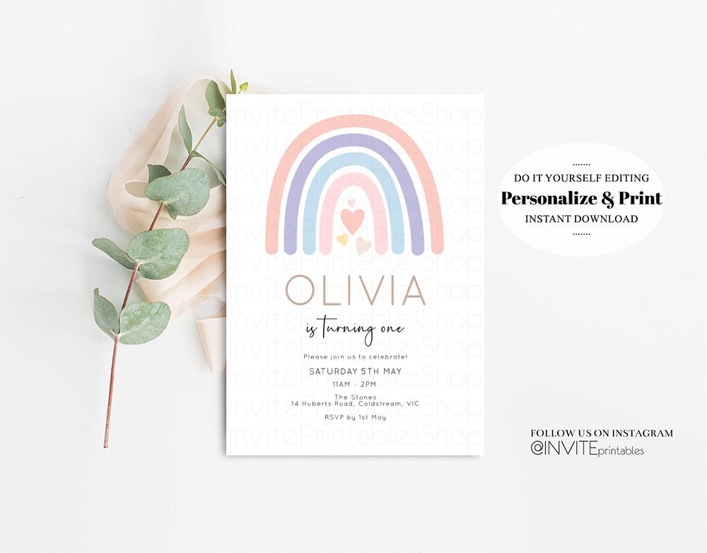 Rainbow Birthday Invitation Pastel Colorful Twinkle Stars Sky Clouds Watercolor Pink Blue Green Yellow White Modern Printable Invite