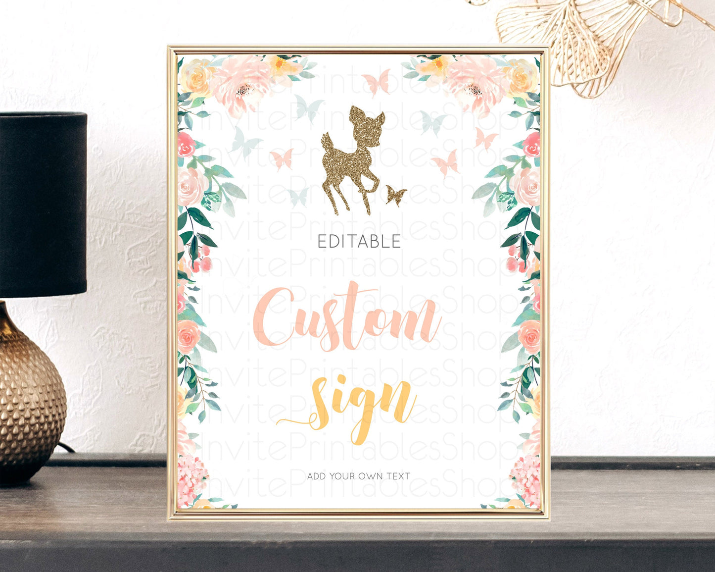 Fawn Deer Sign Pastel Floral Deer Table Sign Decor  Enchanted Forest Butterfly Party 1st Birthday Baptism Baby Shower Bridal Shower D10874