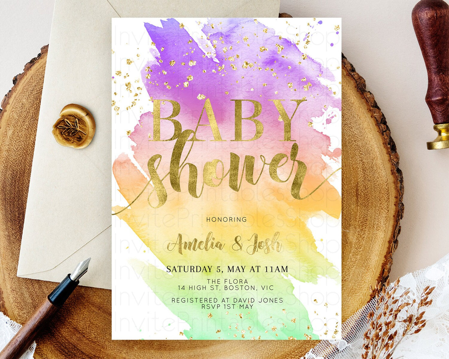 Pastel Baby Shower Invitation Rainbow Baby Shower Invitation Colorful Pastel Watercolor Invitation Gold Glitter Sprinkles Ombre D10517