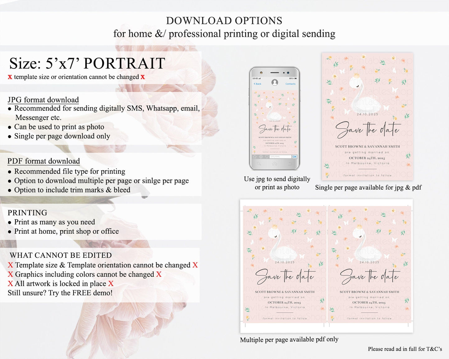 Swan Save The Date Template Swan Princess Ballet Party Enchanted Swan Lake Secret Garden Pastel Floral Birthday Baptism Baby Shower D10388
