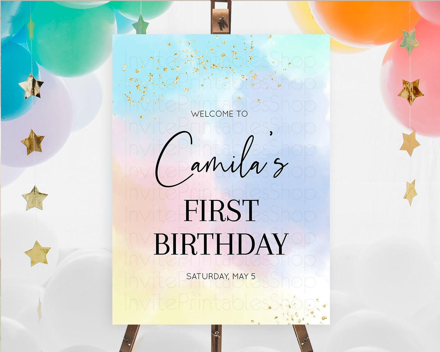 Pastel Welcome Sign Pastel Rainbow Welcome Sign Colorful Rainbow Confetti Watercolor Glitter Pastel First Birthday Welcome Sign D10368