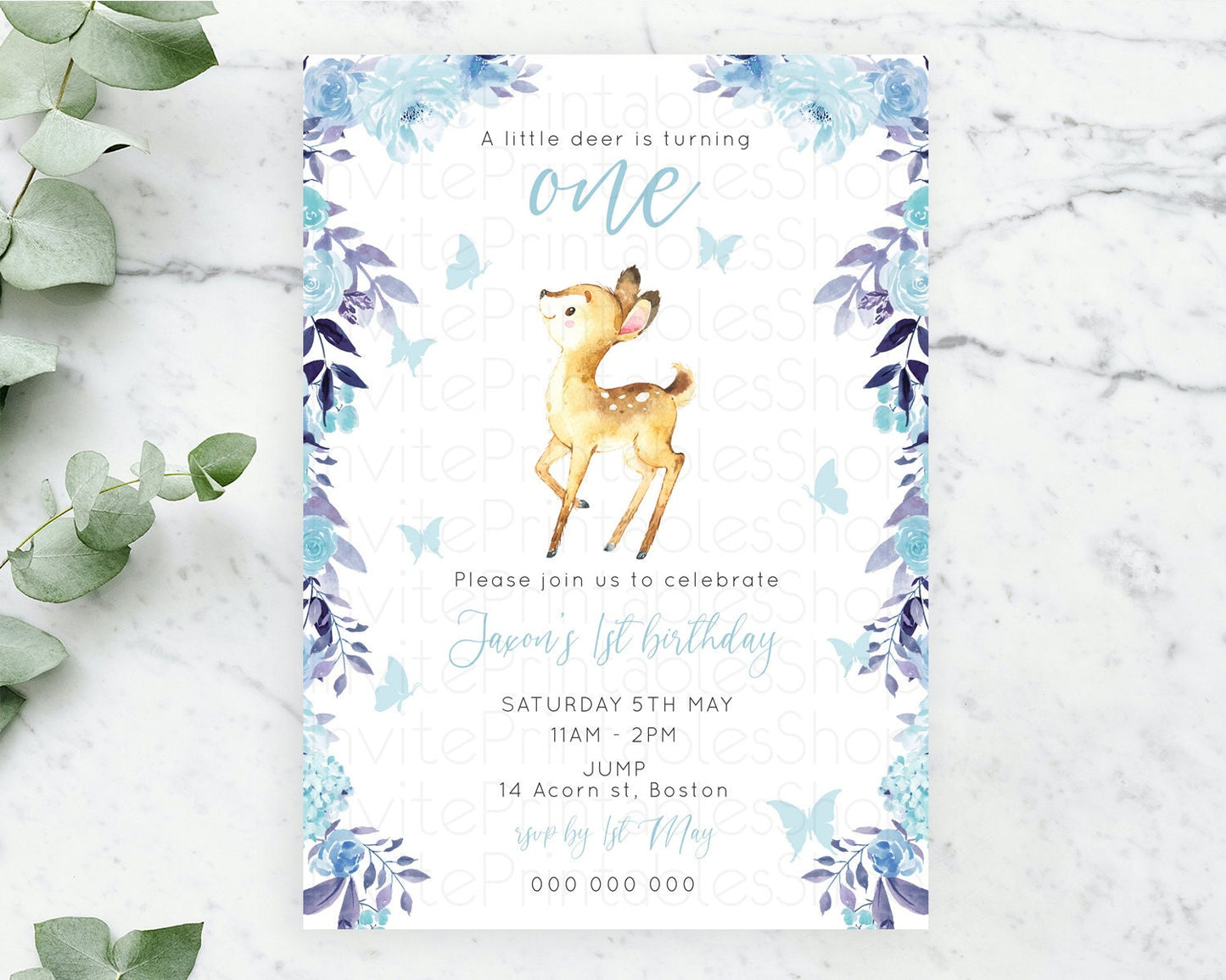 Fawn Birthday Invitation Deer Birthday Invitation Enchanted Forest Party Butterfly Pastel Flowers Whimsical 2nd 1st First Birthday D10917