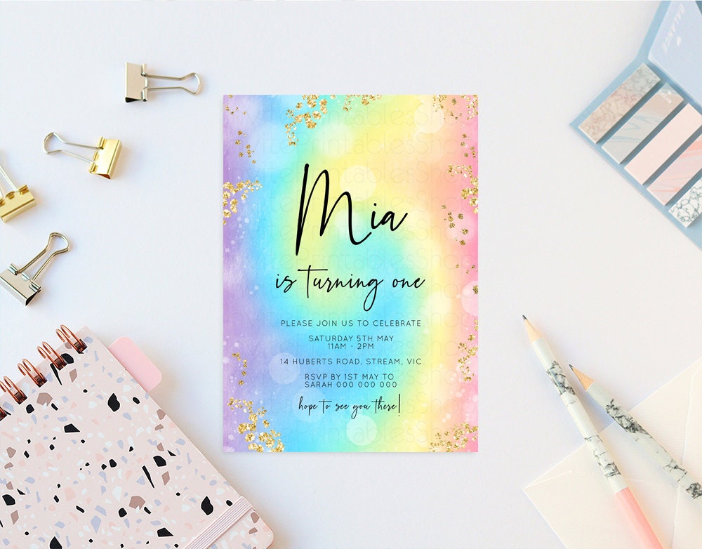 Mermaid Rainbow Birthday Invitation Pastel Birthday Invitation Ombre Rainbow Invite Colorful Watercolor Invite Glitter Sprinkle Invite t571