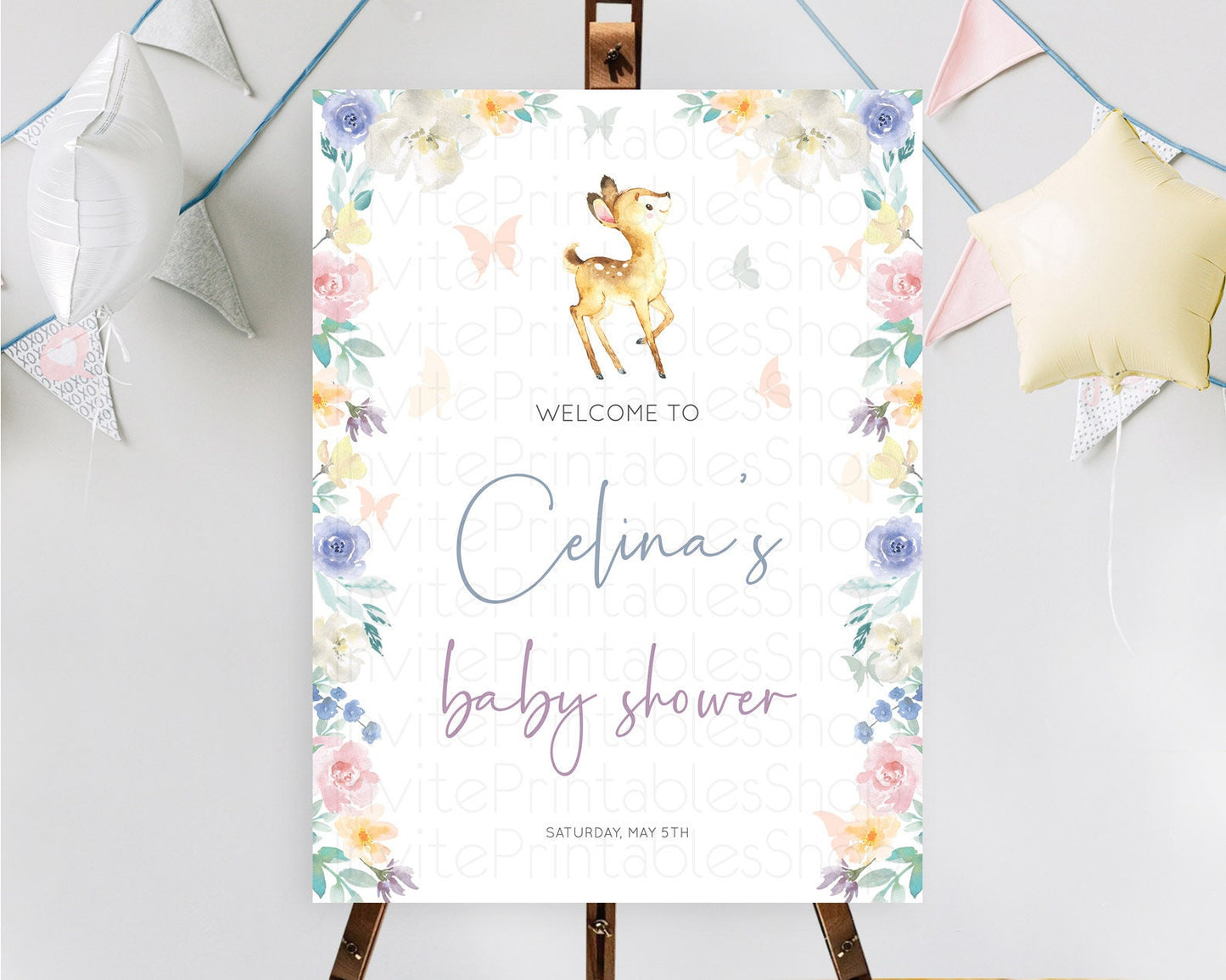 Fawn Baby Shower Welcome Sign Deer Welcome Board Floral Deer Welcome Poster Enchanted Forest Butterfly Pastel Floral Welcome Sign D11035