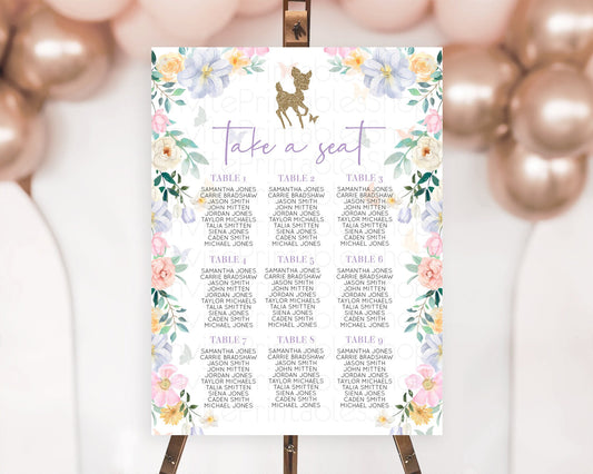 Fawn Seating Chart Deer Seating Chart Enchanted Forest Party Butterfly Pastel Flowers Whimsical Seating Chart Woodland Seating Sign D10477