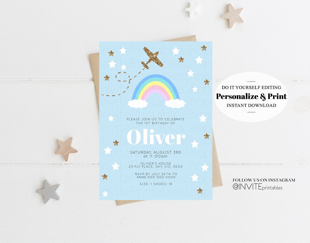 Rainbow Birthday Invitation Pastel Rainbow Plane Invitation Cute Aeroplane Blue Sky Clouds Stars Glitter Confetti Custom Printable