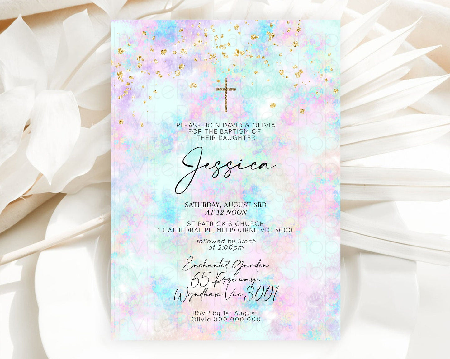 Pastel Baptism Invitation Pastel Colors Watercolor Baptism 1st Birthday Party Gold Ombre Pastel Rainbow Christening Holy Communion D10652