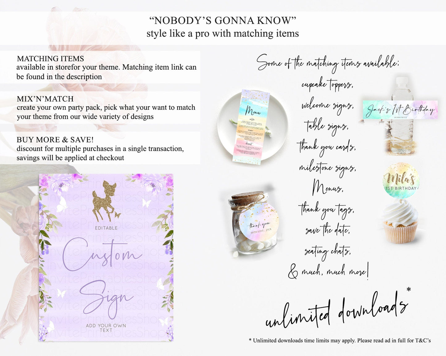 Fawn Deer Sign Pastel Floral Deer Table Sign Decor Enchanted Forest Butterfly Party 1st Birthday Baptism Baby Shower Bridal Shower D10963