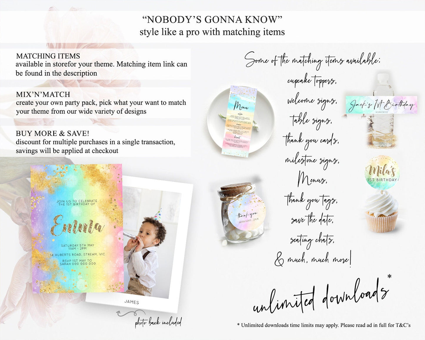 Rainbow Birthday Invitation Colorful Pastel Watercolor Invitation Gold Glitter Sprinkles Ombre Pastel 1st 2nd 3rd Birthday D10561