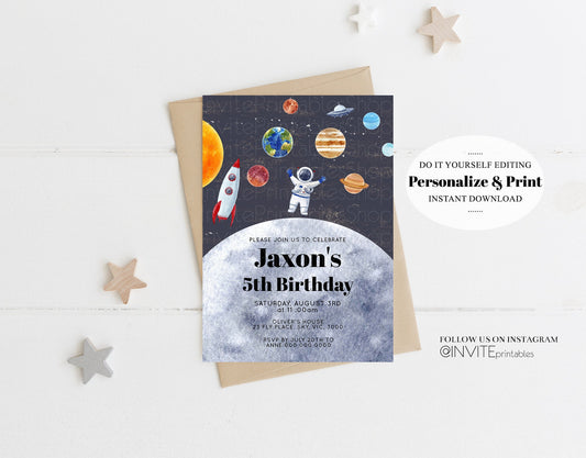 Astronaut Birthday Invitation Space ship Blast Off Night Sky Stars Planets Rocket Ship Moon Galaxy Milkyway Solar System Custom Invite 494