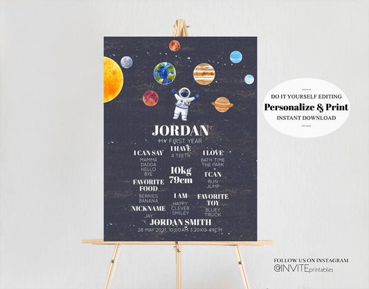 Space Baby Milestone Board Astronaut First Birthday Poster Solar System Planets 1st Birthday Baby Keepsake Rocket Ship Moon Galaxy Stars 494