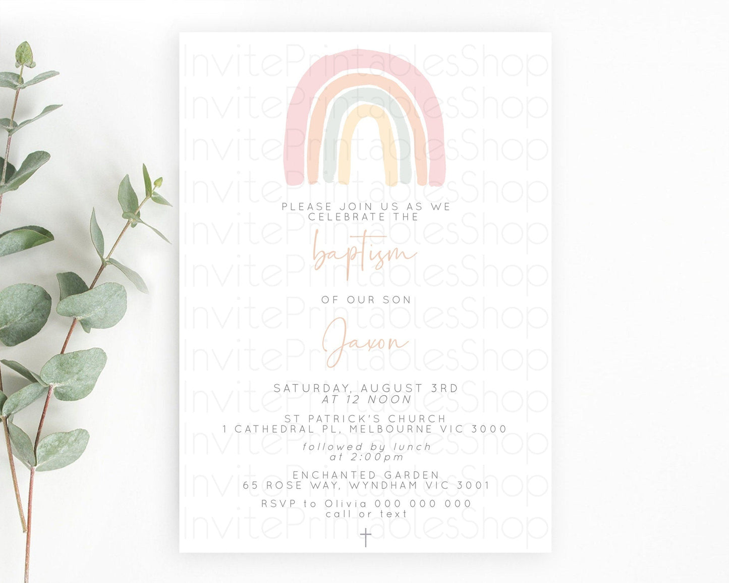 Pastel Rainbow Baptism Invitation Boho Rainbow Baptism 1st Birthday Invitation Rainbow Pastel Watercolor Christening Invitation D10162