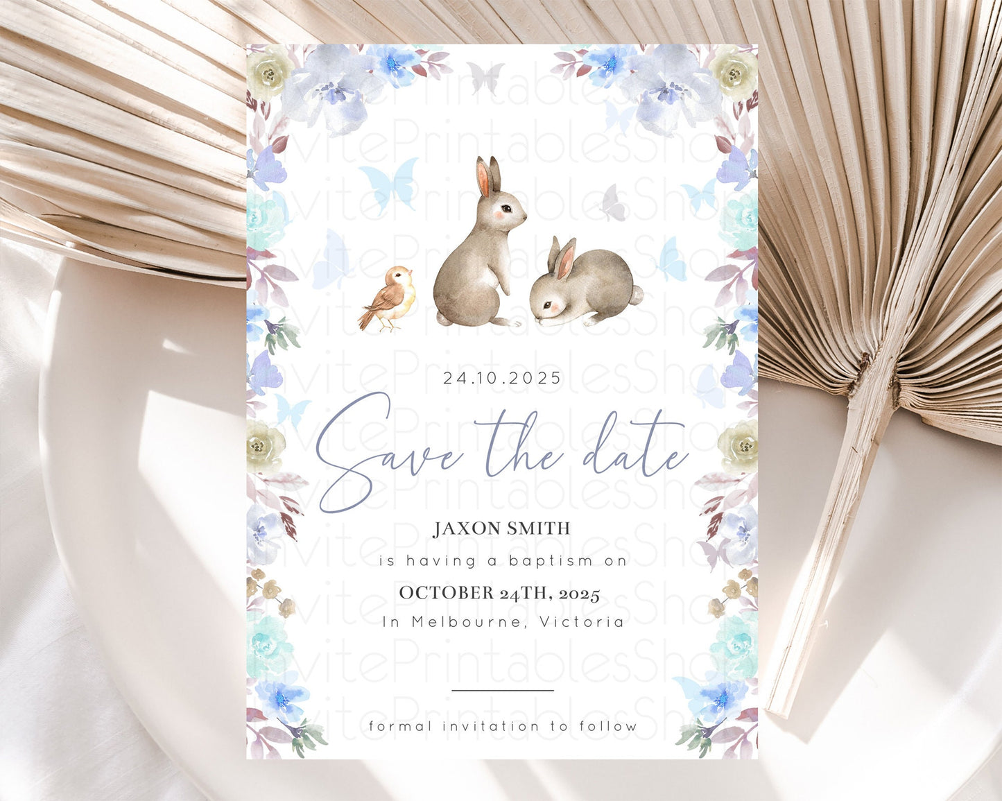 Floral Bunny Save The Date Template Pastel Flowers Forest Bunny Secret Garden Some Bunny Party 1st Birthday Baby Shower Baptism D10927