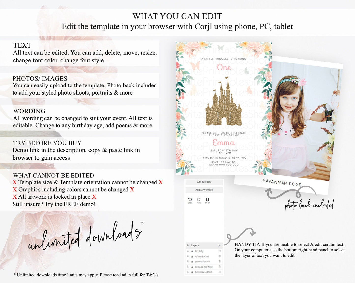 Princess Birthday Invitation Castle Invitation Royal Birthday Fairy Tale Enchanted Castle Pastel Floral Garden 1st First Birthday D10429